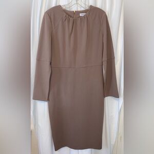 Calvin Klein Taupe Split L/S Mid Length Gathered Neckline Back Zip Dress Sz 10
